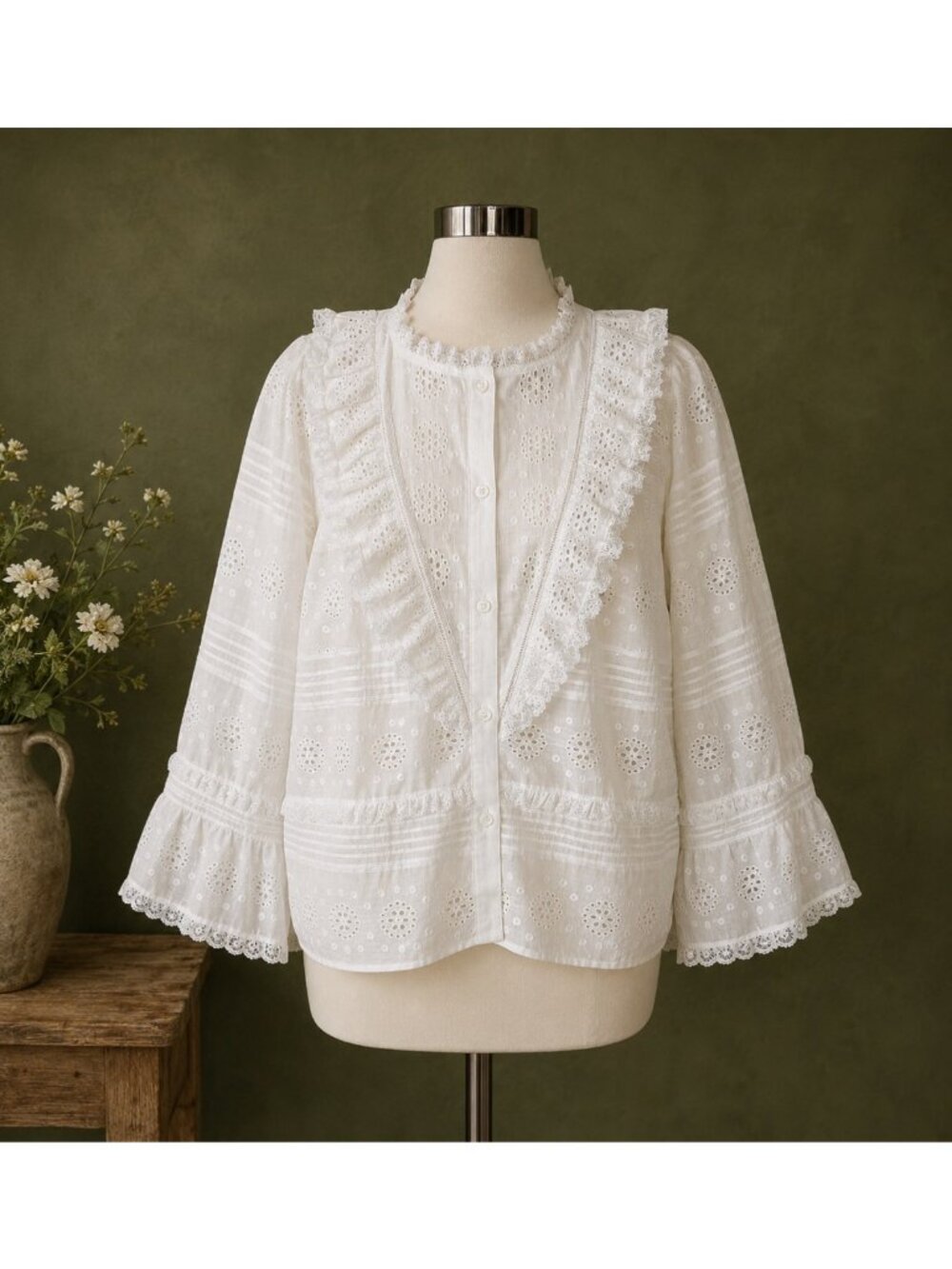 Sézane Nele Eyelet Embroidered Organic Cotton Blouse FR 46 NWOT Boho - Picture 4 of 15